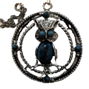 Owl necklace pendant and chain owl in circle silver turquoise